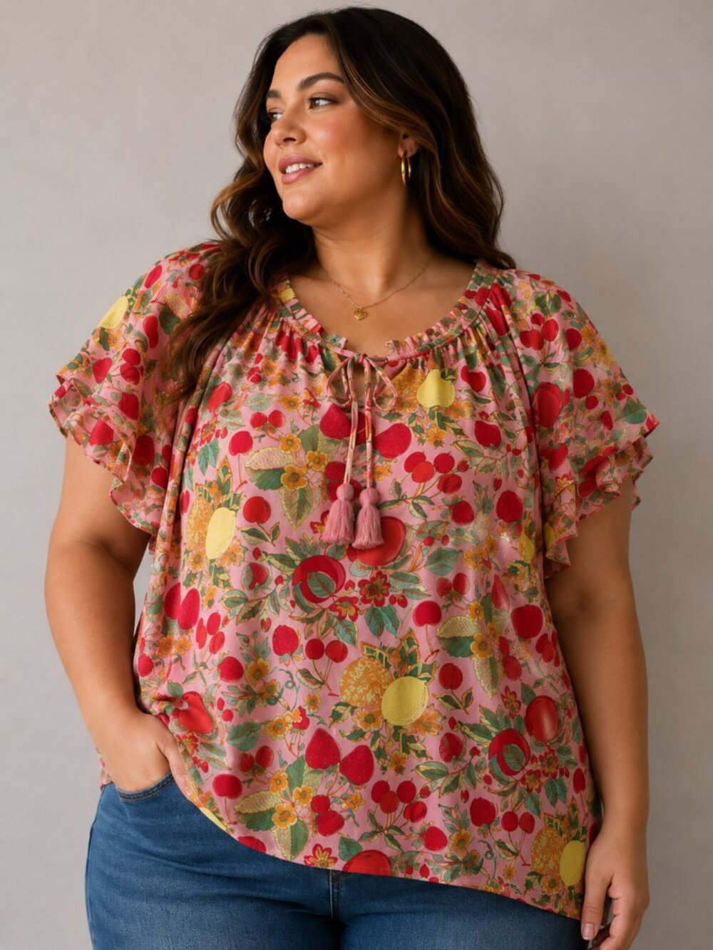 ROSE + OLIVE 3X Fruit Print Ruffle Sleeve Blouse Pink Tropical Boho Top NWT